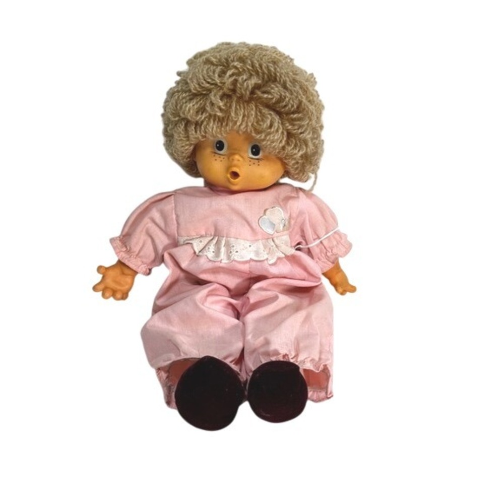 Vintage Rubber Face Doll Pink Pajamas Curly Hair Freckles‎ Plush Toy